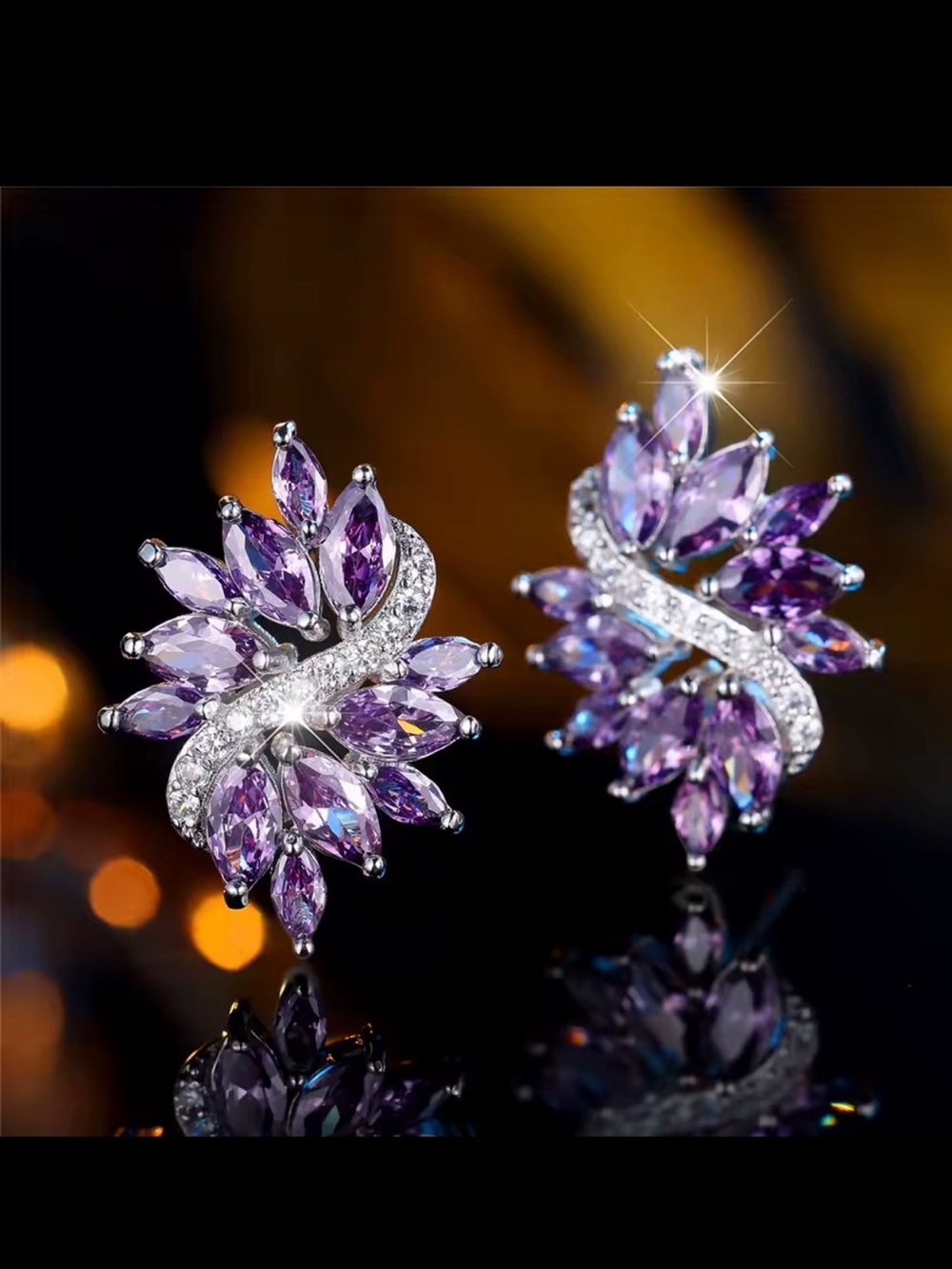 Purple Crystal Floral Stud Earrings - Women Jewelry - Picture 4 of 7
